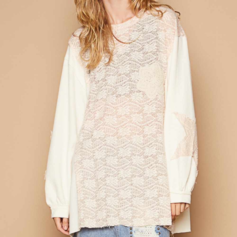 POL Clothing Mixed Lace Oversized Long Sleeve Tunic/ Top
